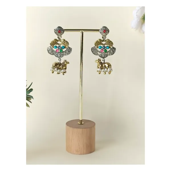 Dual_Tone_Antique_style_German_Silver_Earrings_with_Navratna_Stone_for_Women_&_Girls