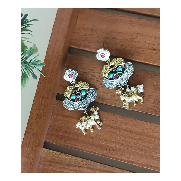 Dual_Tone_Antique_style_German_Silver_Earrings_with_Navratna_Stone_for_Women_&_Girls