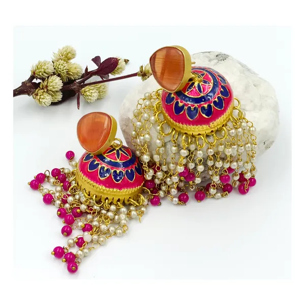 Pink_&_Blue_colour_Hand_Painted__Stylish_Traditional_Jhumka_for_Women_&_Girls