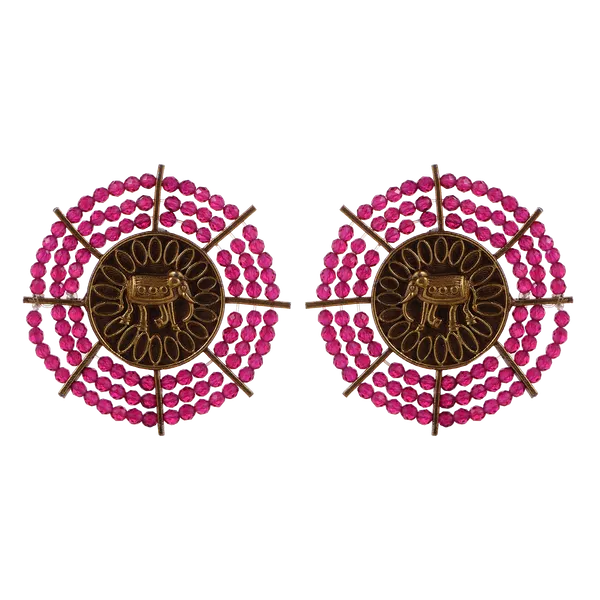 Circular_Design_Pink_Beeded_Gold_tone_Studs_for_Women_&_Girls,_Beautiful_Traditional_Trendy_earrings