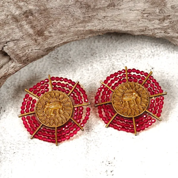 Circular_Design_Pink_Beeded_Gold_tone_Studs_for_Women_&_Girls,_Beautiful_Traditional_Trendy_earrings