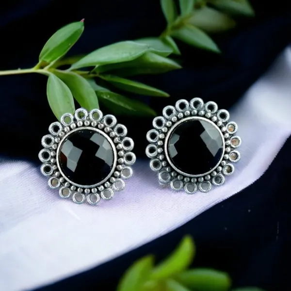 Black_Oxidised_Floral_Design_With_Black_Circular_Shape_Stone_Stud_For_Women_&_Girls
