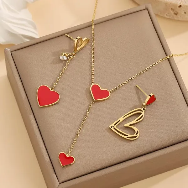 Red_Asymmetrical_Red_Heart_Titanium_Steel_Necklace_Set_With_Earrings_For_Girls_&_Women