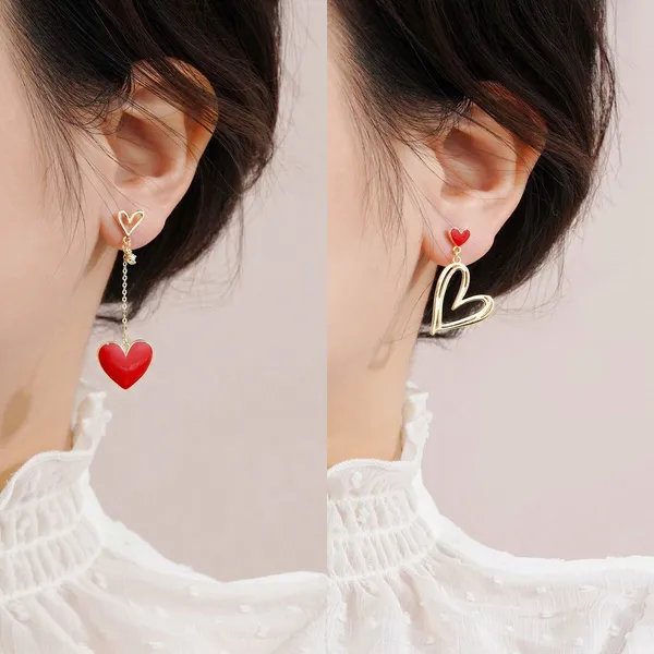 Red_Asymmetrical_Red_Heart_Titanium_Steel_Necklace_Set_With_Earrings_For_Girls_&_Women