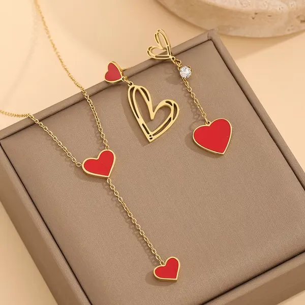 Red_Asymmetrical_Red_Heart_Titanium_Steel_Necklace_Set_With_Earrings_For_Girls_&_Women