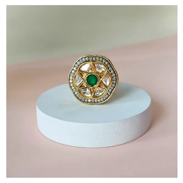 Green_&_White_Floral_Kundan_Ring_for_Women_&_Girls_|_Adjustable_Luxury_Traditional_Jewelry