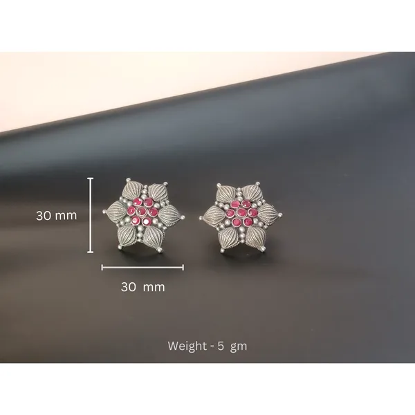 Floral_Design_Oxidised_Stud_Stylish_&_Fashionable_Earing_Studded_With_Red_Stone_For_Women_&_Girls