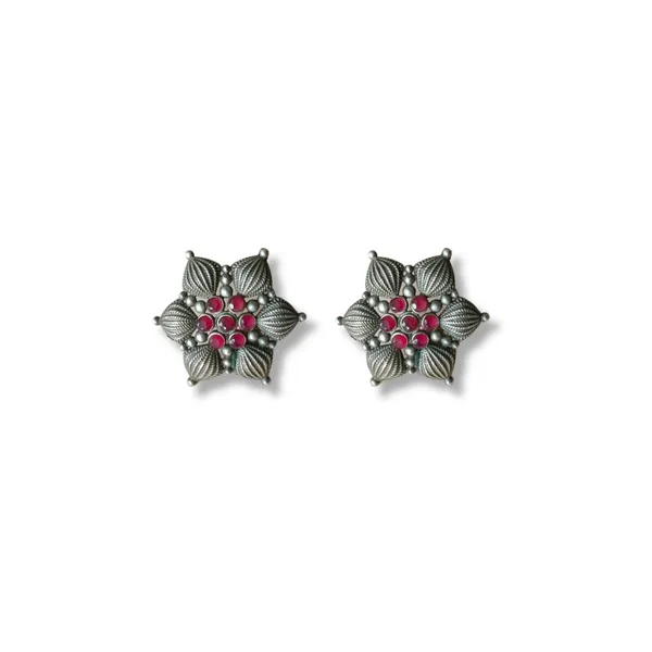 Floral_Design_Oxidised_Stud_Stylish_&_Fashionable_Earing_Studded_With_Red_Stone_For_Women_&_Girls