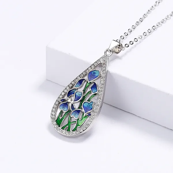 Silver_Stainless_Steel_Enameled_Floral_Design_Tear_Drop_Blue_&_Green_Colour_Pendant_Chain_For_Women_&_Girls