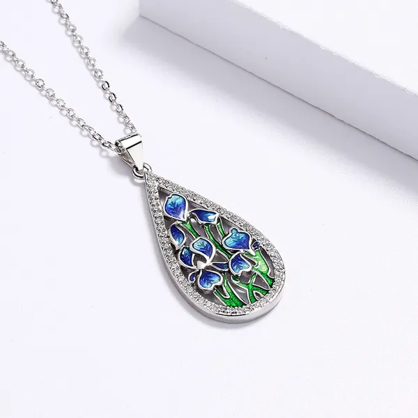 Silver_Stainless_Steel_Enameled_Floral_Design_Tear_Drop_Blue_&_Green_Colour_Pendant_Chain_For_Women_&_Girls