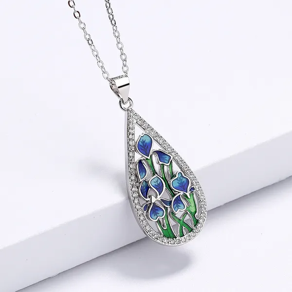 Silver_Stainless_Steel_Enameled_Floral_Design_Tear_Drop_Blue_&_Green_Colour_Pendant_Chain_For_Women_&_Girls