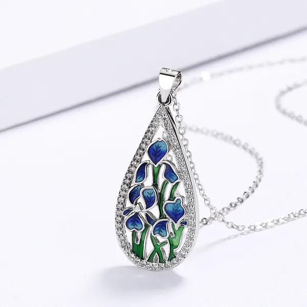 Silver_Stainless_Steel_Enameled_Floral_Design_Tear_Drop_Blue_&_Green_Colour_Pendant_Chain_For_Women_&_Girls