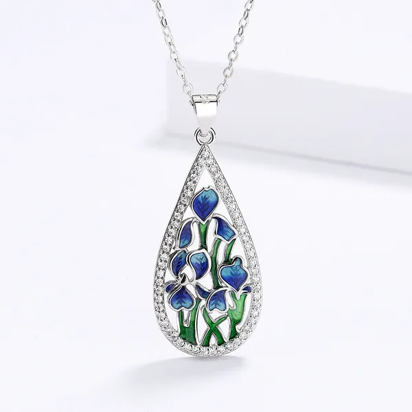Silver_Stainless_Steel_Enameled_Floral_Design_Tear_Drop_Blue_&_Green_Colour_Pendant_Chain_For_Women_&_Girls