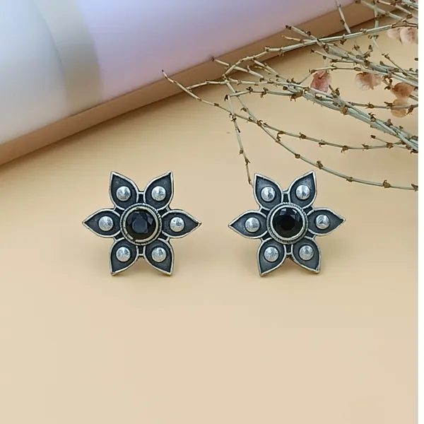 Black_Silver_Look_Alike_Floral_Shape_Oxidized_Stud_Studded_With_Black_Stone_For_Women_&_Girls