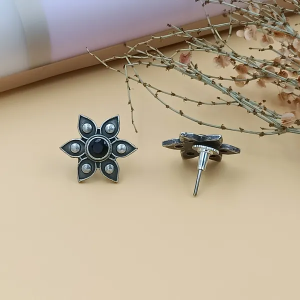 Black_Silver_Look_Alike_Floral_Shape_Oxidized_Stud_Studded_With_Black_Stone_For_Women_&_Girls