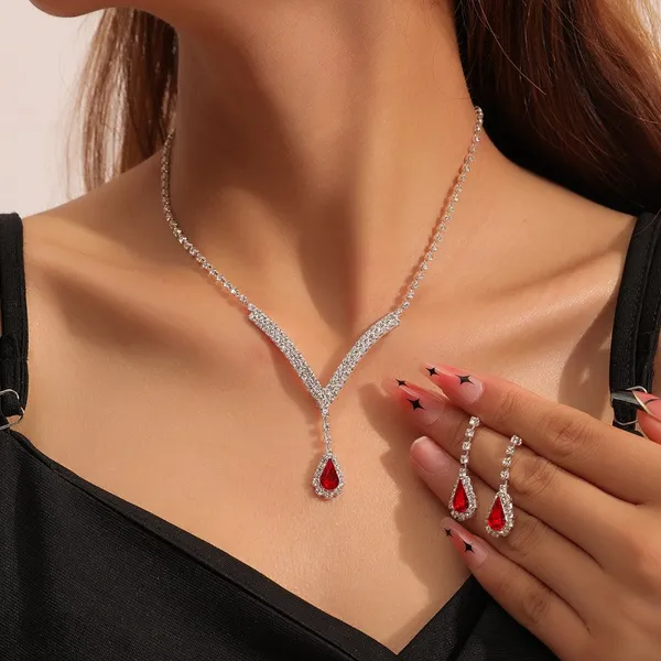 Red_&_Silver_Exquisite_Claw_Chain_Rhinestone_Jewelry_Set_With_Earring,_Fashion_Jewellery_Set_For_Women_&_Girls