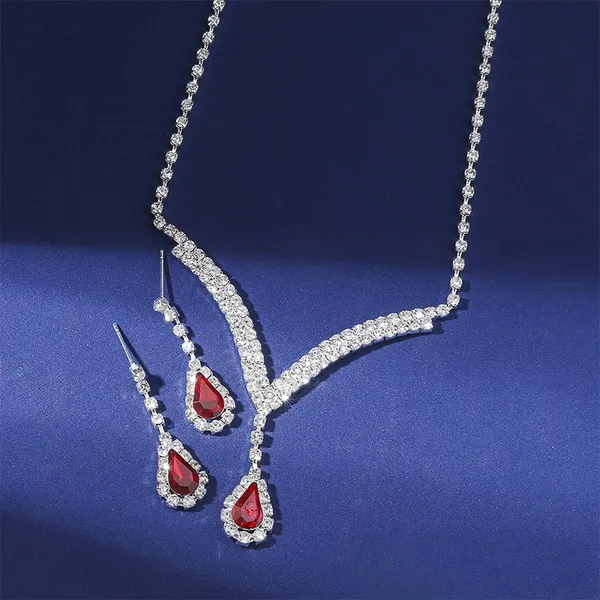 Red_&_Silver_Exquisite_Claw_Chain_Rhinestone_Jewelry_Set_With_Earring,_Fashion_Jewellery_Set_For_Women_&_Girls