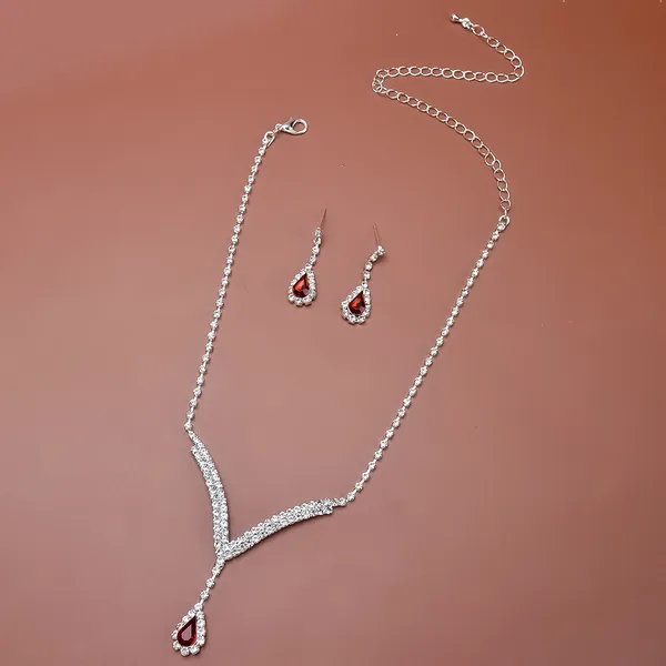 Red_&_Silver_Exquisite_Claw_Chain_Rhinestone_Jewelry_Set_With_Earring,_Fashion_Jewellery_Set_For_Women_&_Girls