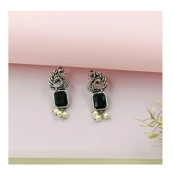 Stylish_Peacock-style_Oxidised_earrings_with_Black_color_stones_for_Women_&_Girls