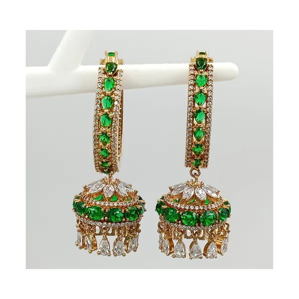 Premium_Quality_Rose_Gold_Plated_Hoop_Style_Green_&_White_American_Diamond_Earrings_for_Women_&_Girls