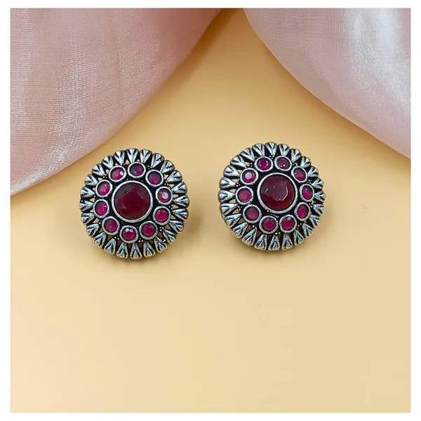 Red_Oxidised_Floral_Design_Pendant_Chain_Set_With_Maroon_Colour_Glass_Stone_For_Women_&_Girls