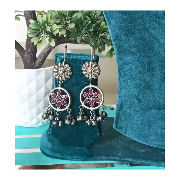 Red_Floral_Design_Studded_With_Red_Glass_Stone_Long_Oxidised__Silver_Look_Alike_Dangler_For_Women_&_Girls