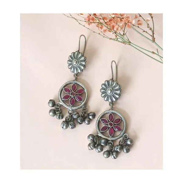 Red_Floral_Design_Studded_With_Red_Glass_Stone_Long_Oxidised__Silver_Look_Alike_Dangler_For_Women_&_Girls