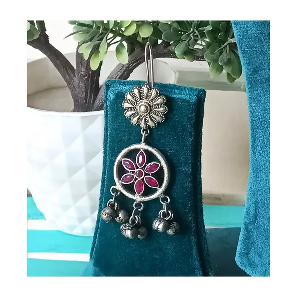 Red_Floral_Design_Studded_With_Red_Glass_Stone_Long_Oxidised__Silver_Look_Alike_Dangler_For_Women_&_Girls