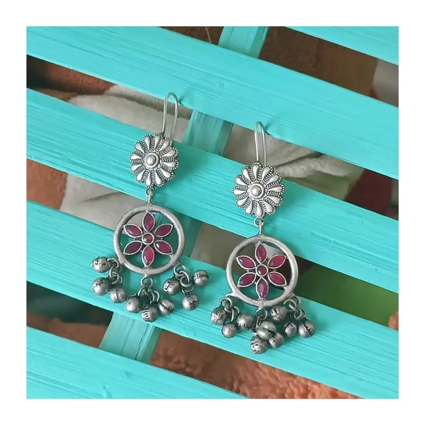 Red_Floral_Design_Studded_With_Red_Glass_Stone_Long_Oxidised__Silver_Look_Alike_Dangler_For_Women_&_Girls