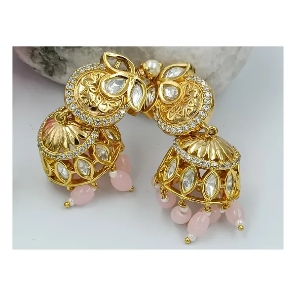 Hand_made_Traditional_style_Kundan_Jhumka_with_Pink_colour_glass_bead_for_Women