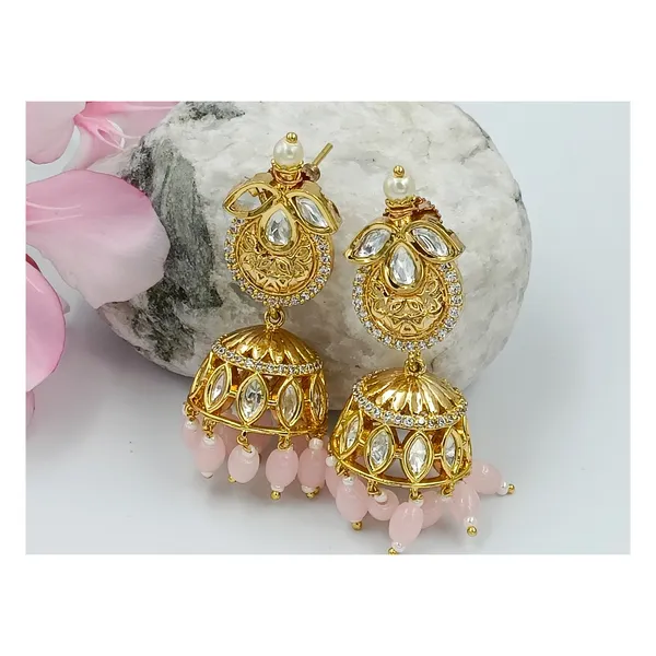 Hand_made_Traditional_style_Kundan_Jhumka_with_Pink_colour_glass_bead_for_Women