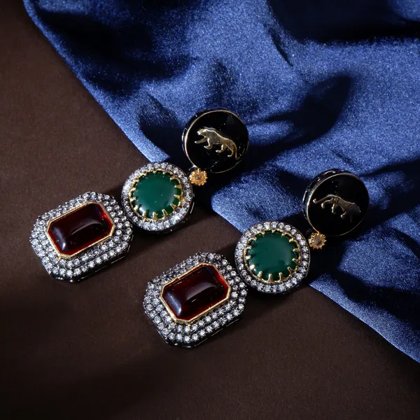 Red_&_Green_American_Diamond_Long_drop_style_Earring_that_Inspired_by_Sbyasachi._Stylish_Fashionable_jewellery