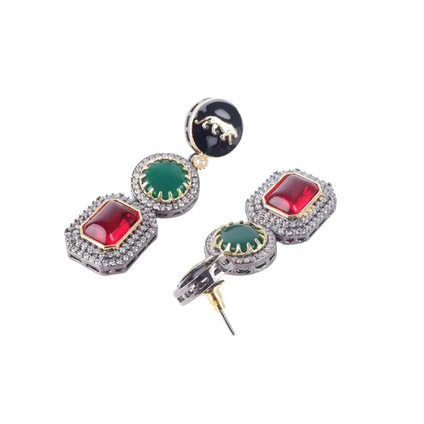 Red_&_Green_American_Diamond_Long_drop_style_Earring_that_Inspired_by_Sbyasachi._Stylish_Fashionable_jewellery