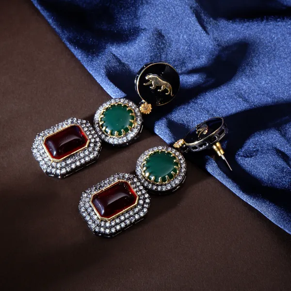 Red_&_Green_American_Diamond_Long_drop_style_Earring_that_Inspired_by_Sbyasachi._Stylish_Fashionable_jewellery