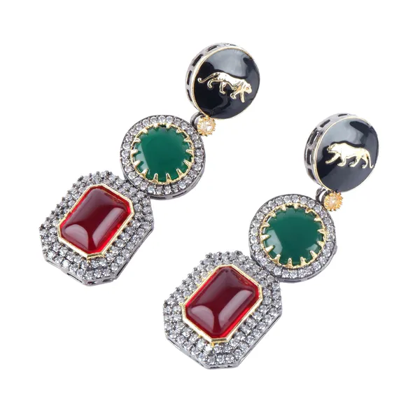 Red_&_Green_American_Diamond_Long_drop_style_Earring_that_Inspired_by_Sbyasachi._Stylish_Fashionable_jewellery