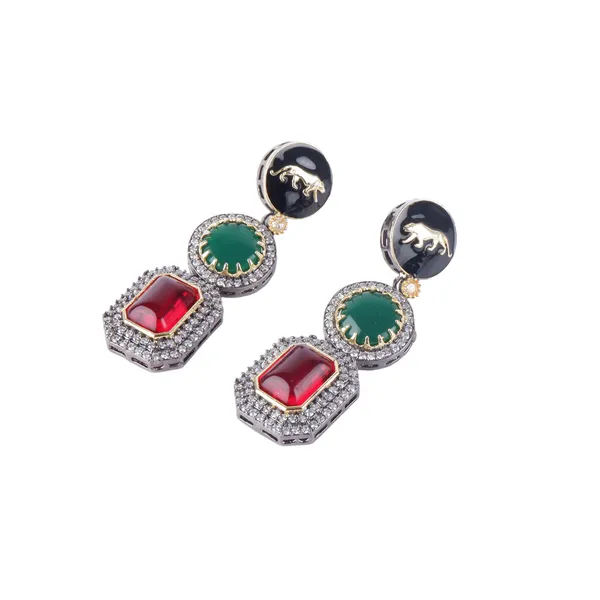 Red_&_Green_American_Diamond_Long_drop_style_Earring_that_Inspired_by_Sbyasachi._Stylish_Fashionable_jewellery