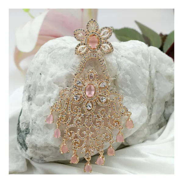 Exquisite_Rose_gold_polish_Pink_colour_Long_American_Diamond_Dangler_for_Women_&_Girls,_Stylish_Fashionable_bridal_earring