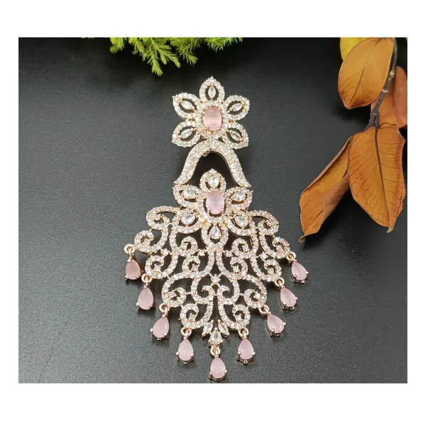 Exquisite_Rose_gold_polish_Pink_colour_Long_American_Diamond_Dangler_for_Women_&_Girls,_Stylish_Fashionable_bridal_earring