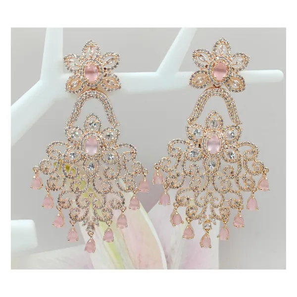 Exquisite_Rose_gold_polish_Pink_colour_Long_American_Diamond_Dangler_for_Women_&_Girls,_Stylish_Fashionable_bridal_earring