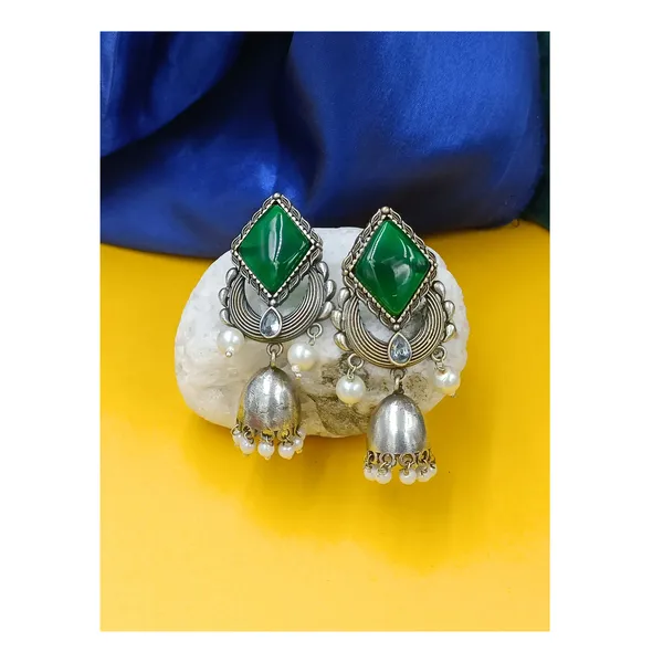 Bell_dome_shape_Oxidized_Jhumka_with_Green_colour_stone_for_Women_&_Girls