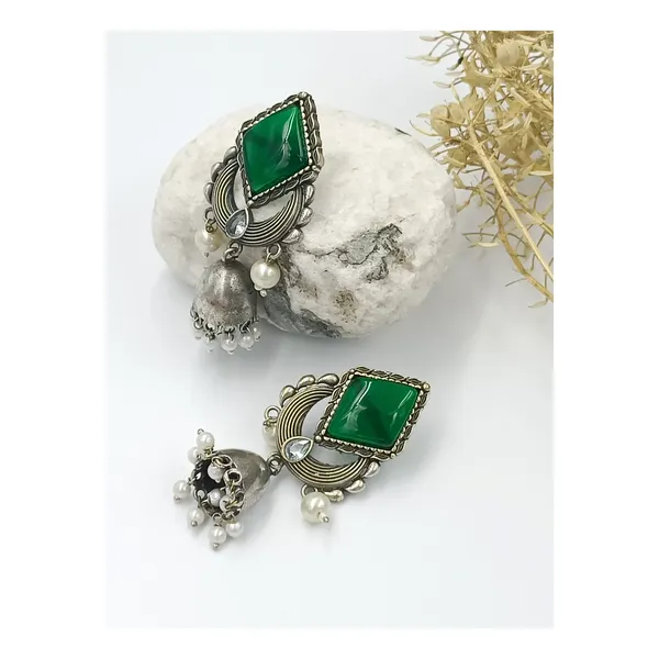 Bell_dome_shape_Oxidized_Jhumka_with_Green_colour_stone_for_Women_&_Girls