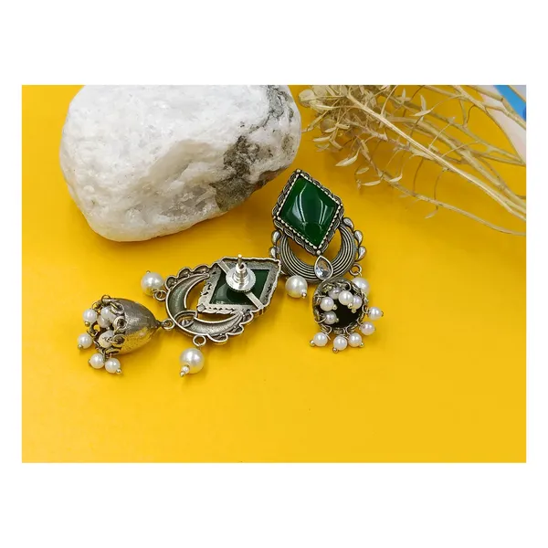 Bell_dome_shape_Oxidized_Jhumka_with_Green_colour_stone_for_Women_&_Girls