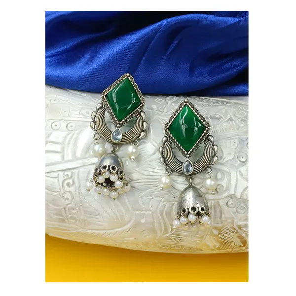 Bell_dome_shape_Oxidized_Jhumka_with_Green_colour_stone_for_Women_&_Girls