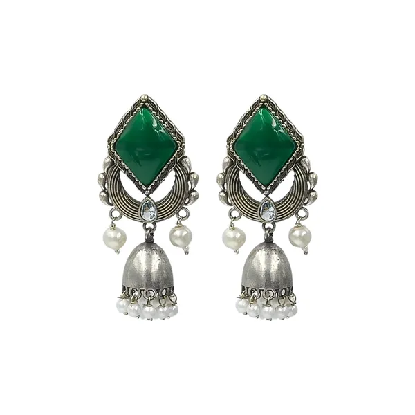 Bell_dome_shape_Oxidized_Jhumka_with_Green_colour_stone_for_Women_&_Girls