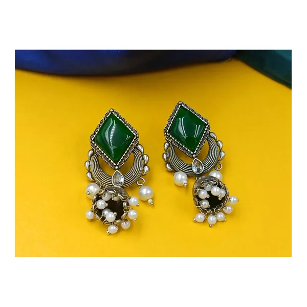 Bell_dome_shape_Oxidized_Jhumka_with_Green_colour_stone_for_Women_&_Girls