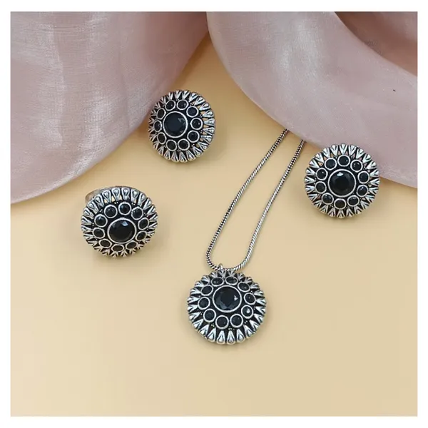 Black_Double_Layer_Floral_Design_Pendant_Chain_Set_With_Earrings_&_Ring_Studded_With_Black_Colour_Premium_Glass_Stone_For_Women_&_Girl
