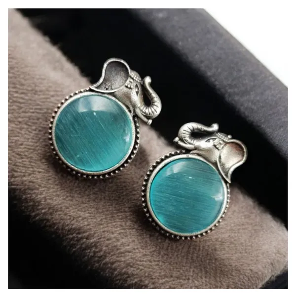 Elephant_Design_Circular_shape_Oxidized_Stud_with_aqua_blue_stone_for_Women_&_Girls,_Stylish_Fashionable_earrings