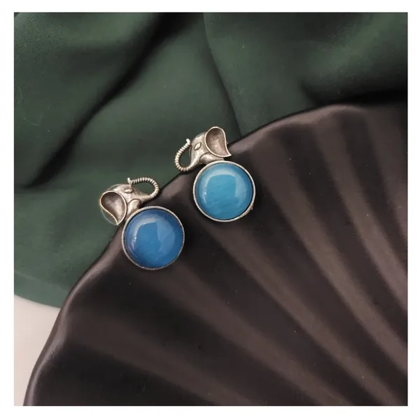Elephant_Design_Circular_shape_Oxidized_Stud_with_aqua_blue_stone_for_Women_&_Girls,_Stylish_Fashionable_earrings