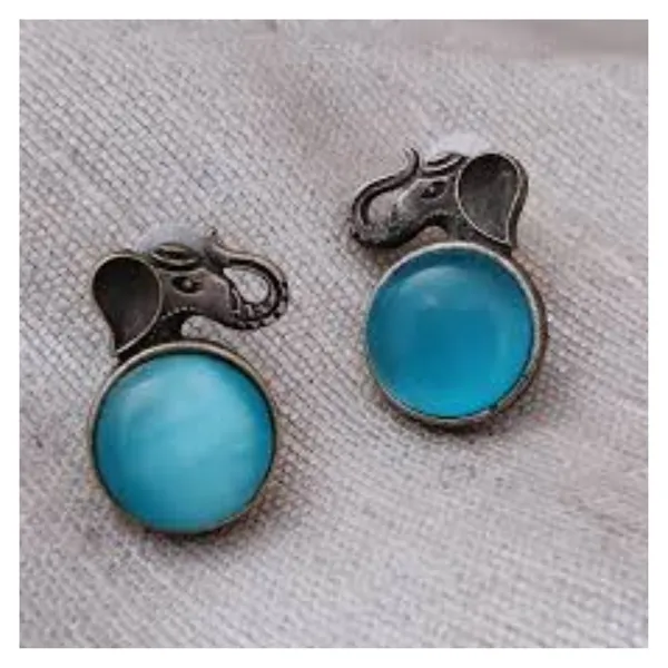 Elephant_Design_Circular_shape_Oxidized_Stud_with_aqua_blue_stone_for_Women_&_Girls,_Stylish_Fashionable_earrings