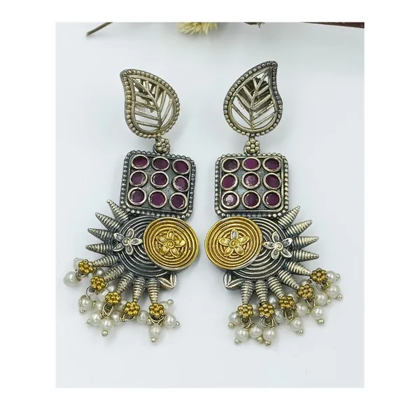 Red_Tribal_Design_Dual_Tone_German_Silver_Earring_For_Women_&_Girls